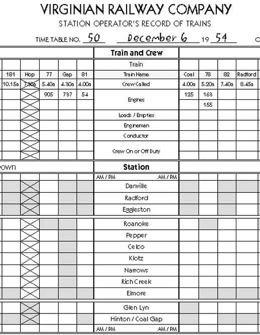 Station Operator's Train Sheet